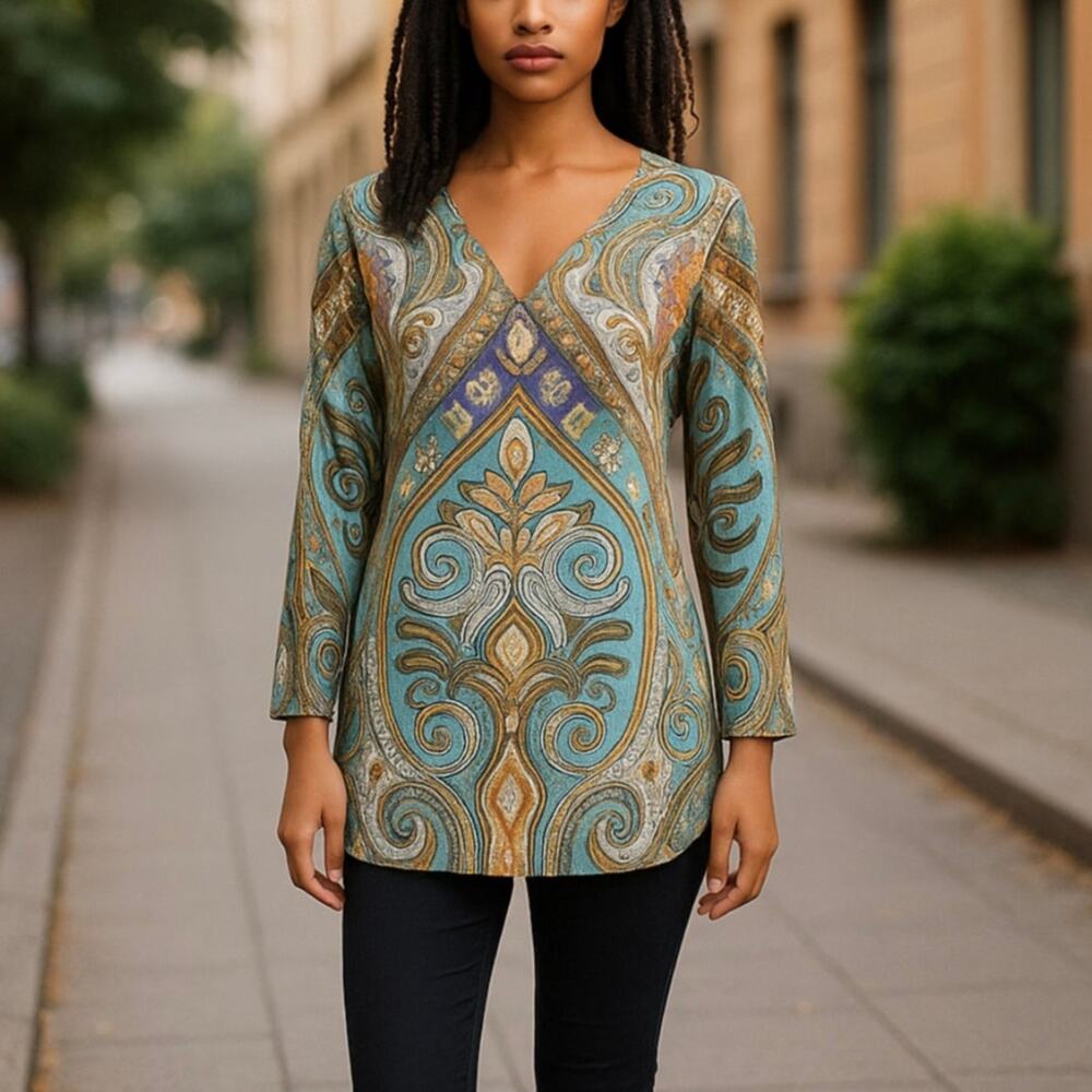 J. McLaughlin Orange Paisley Damask V Neck Tunic Top
